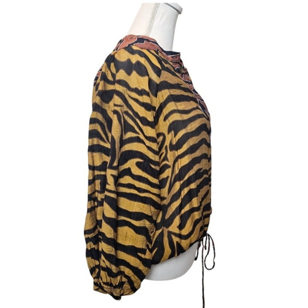 BURU Tiger Animal Print Cinch Hem Blouse – Large Statement Top 3/4 Sleeve‎ - Picture 3 of 12
